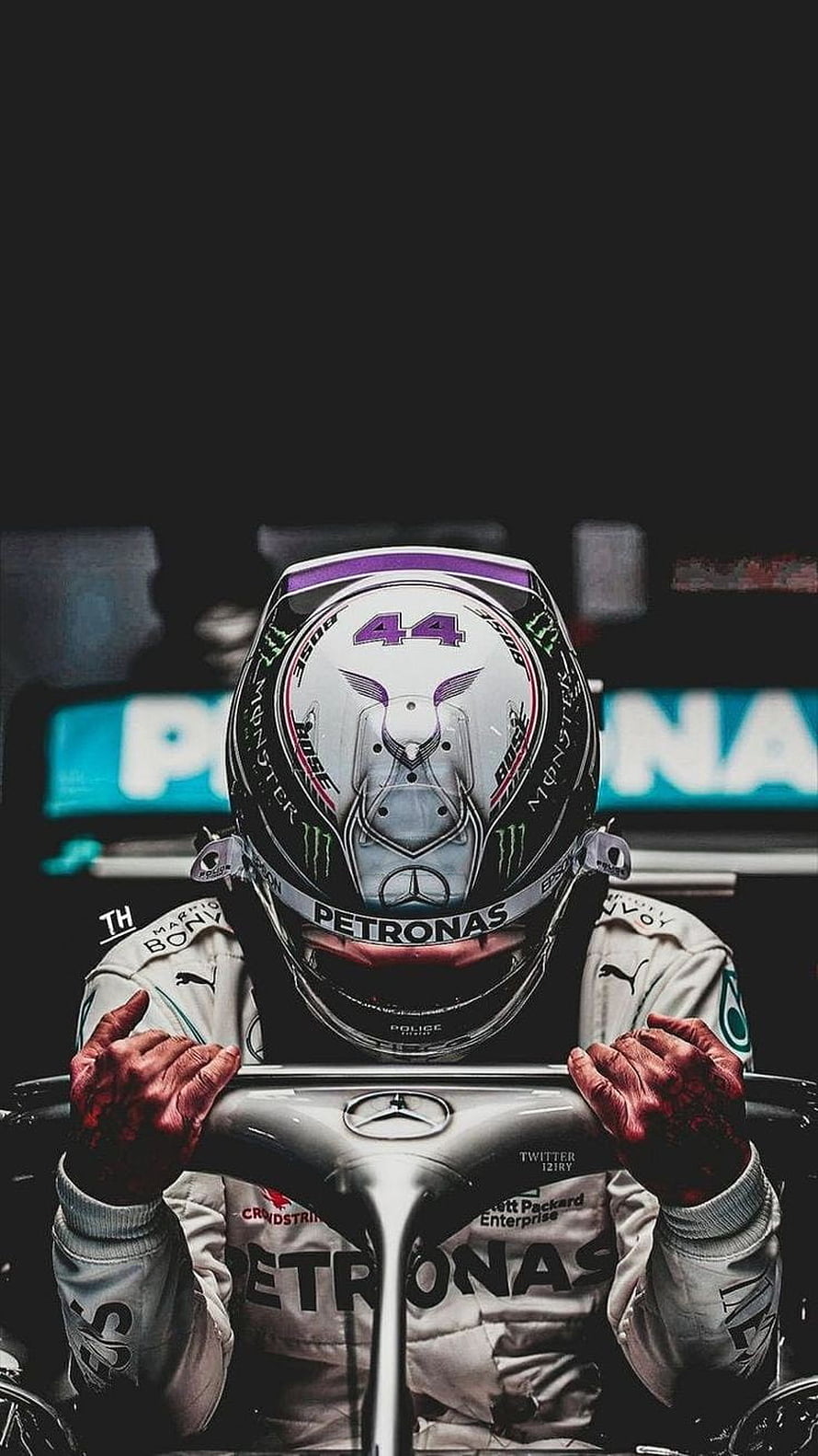 Lewis Hamilton in Mercedes Petronas Racing Suit and Helmet HD phone wallpaper