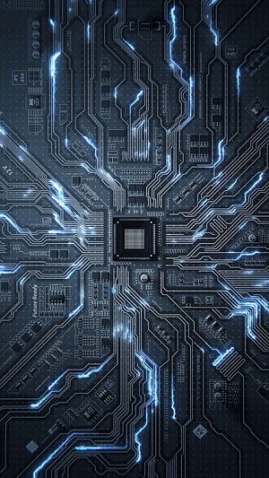 Glowing Blue Circuit Board with Central Processor Chip and Electric Traces HD phone wallpaper