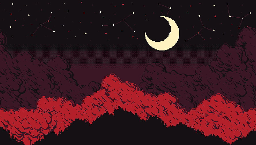Red Mountain Range Under Crescent Moon Pixel Art Night Sky HD wallpaper