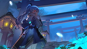 Kamisato Ayaka in a Moonlit Inazuma Shrine with Torii Gates and Glowing Lanterns HD wallpaper