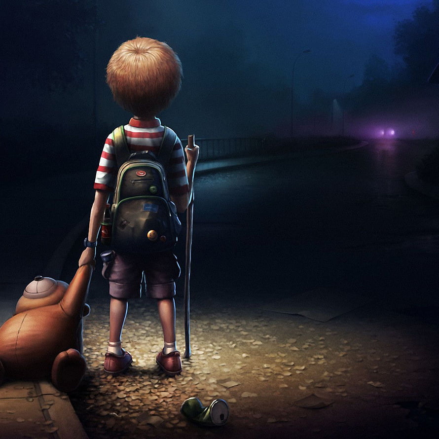 Lonely Boy with Backpack and Teddy Bear Standing on Dark Road at Night HD phone wallpaper