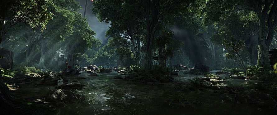 Misty Jungle River Scene with Abandoned Vehicles and Dense Tropical Foliage HD wallpaper