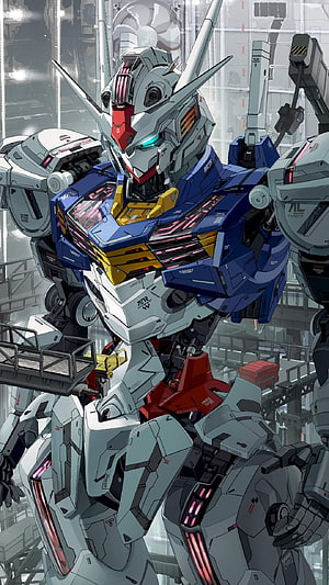 Gundam Mobile Suit in Industrial Hangar with Blue and White Armor HD phone wallpaper