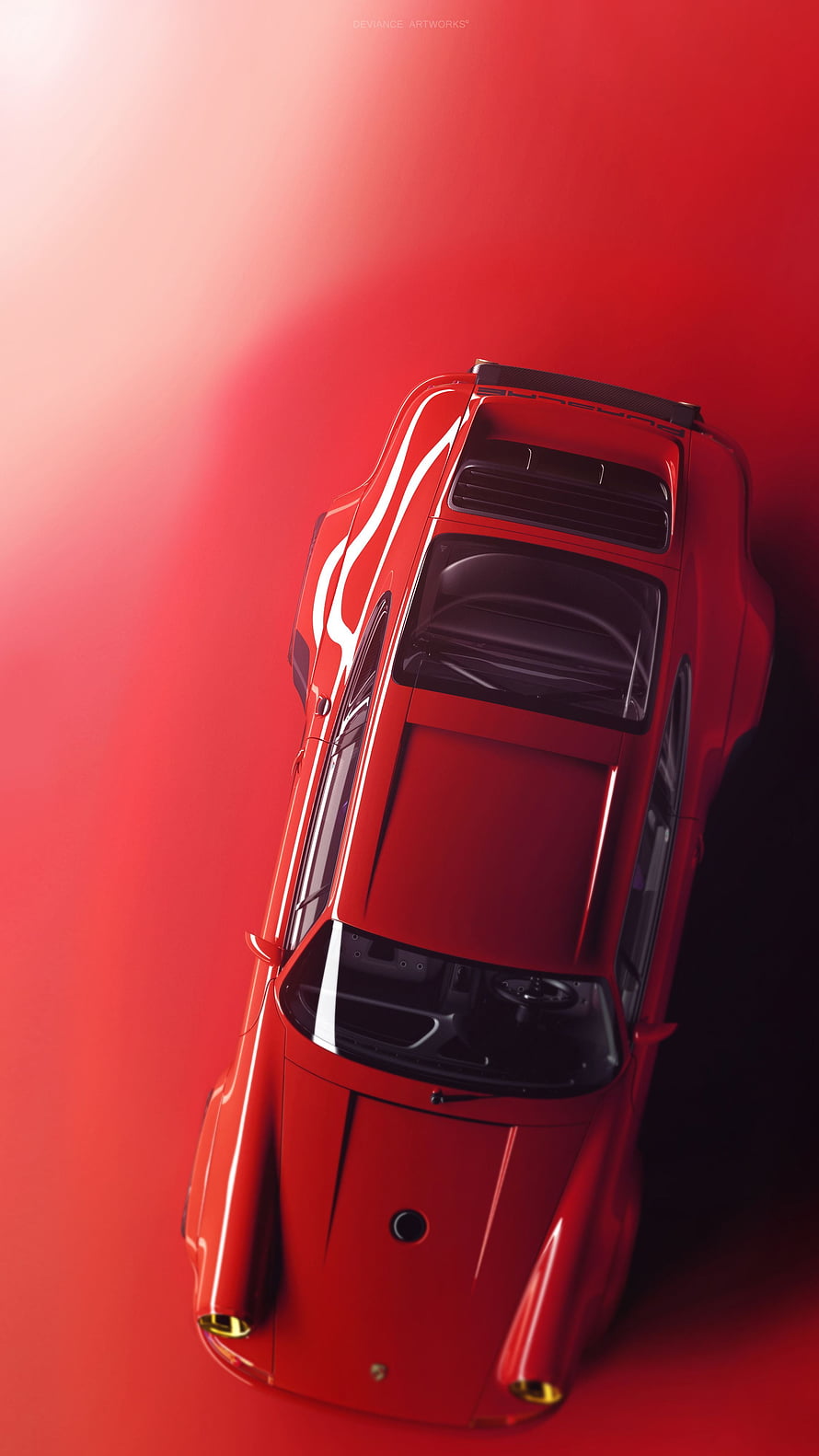 Top-Down View of a Red Porsche 911 Singer Classic Sports Car on a Red Background HD phone wallpaper
