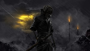 Kenshi Drifter in Rainy Wasteland with Torches and Dark Stormy Sky HD wallpaper