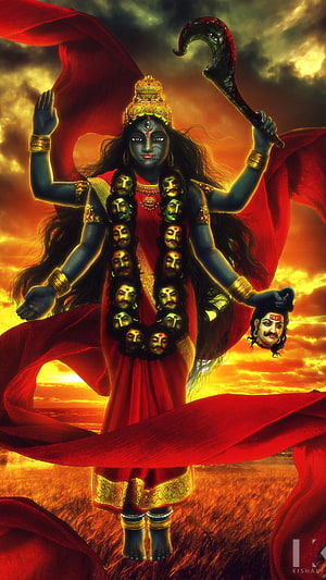 Maa Kali Divine Deity with Garland of Heads and Red Saree in Dramatic Sky HD phone wallpaper
