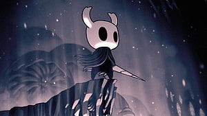 Hollow Knight character standing on a cliff edge in a dark, atmospheric cavern with floating particles HD wallpaper