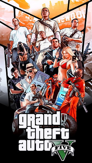 Grand Theft Auto V Official Poster Artwork Featuring Main Characters and Los Santos Cityscape HD phone wallpaper