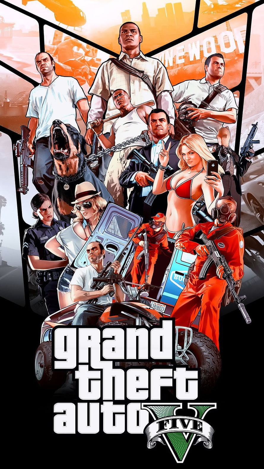 Grand Theft Auto V Official Poster Artwork Featuring Main Characters and Los Santos Cityscape HD phone wallpaper