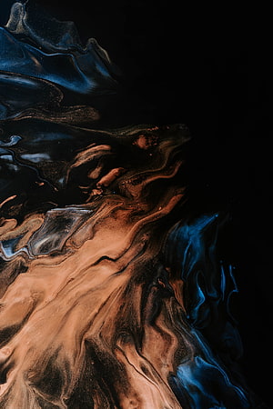 Dark Abstract Liquid Art with Swirling Copper and Deep Blue Pigments on Black Background HD phone wallpaper
