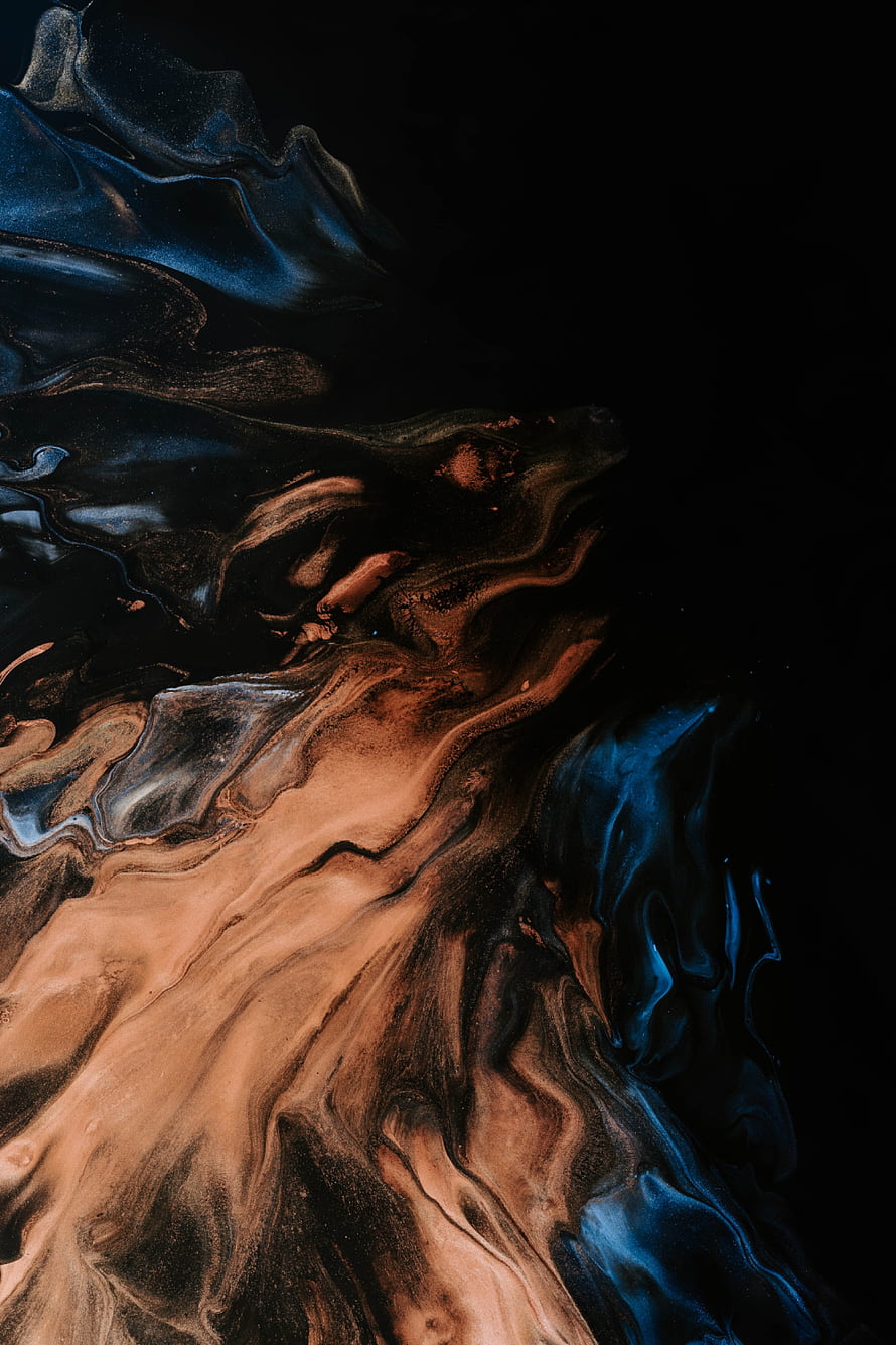 Dark Abstract Liquid Art with Swirling Copper and Deep Blue Pigments on Black Background HD phone wallpaper