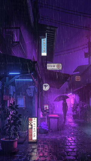 Neon-lit rainy alleyway in a cyberpunk city with a lone figure holding an umbrella under purple and blue lights HD phone wallpaper