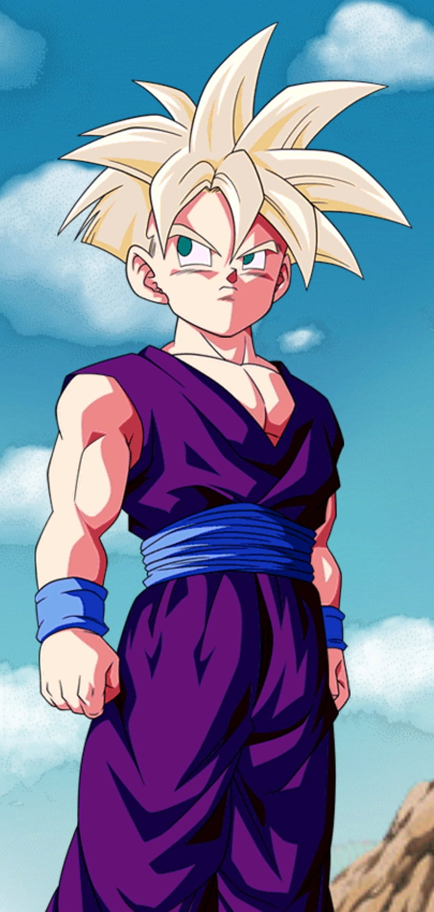 Teen Gohan Super Saiyan in Purple Gi with Blue Sash and Wristbands HD phone wallpaper
