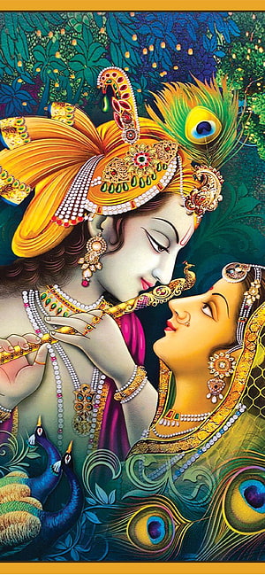 Radha Krishna Playing Flute in Lush Garden with Peacocks and Ornate Jewelry HD phone wallpaper