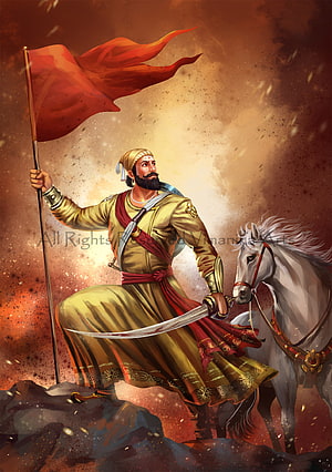 Shivaji Maharaj on Horseback with Sword and Red Flag in Dramatic Digital Art HD phone wallpaper