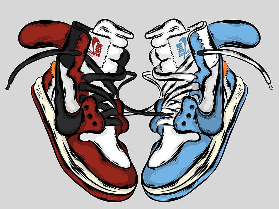 Illustrated Pair of Nike Air Jordan 1 Sneakers in Red and Blue Colorways HD wallpaper