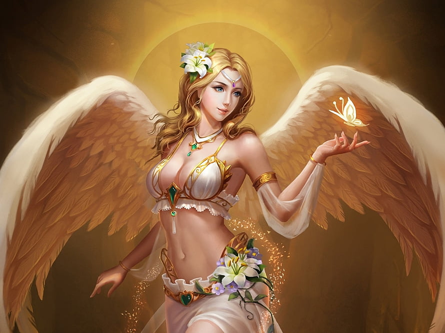 League of Angels Fantasy Character Art With Golden Wings And Glowing Butterfly HD wallpaper