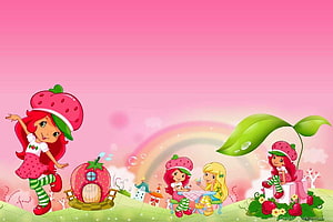 Strawberry Shortcake and Friends in a Whimsical Garden with Rainbow and Strawberry House HD wallpaper