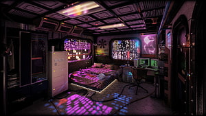 Cyberpunk Bedroom Interior with Neon City View and Futuristic Tech Setup HD wallpaper