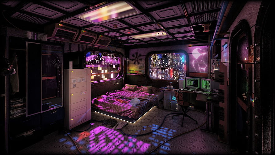 Cyberpunk Bedroom Interior with Neon City View and Futuristic Tech Setup HD wallpaper