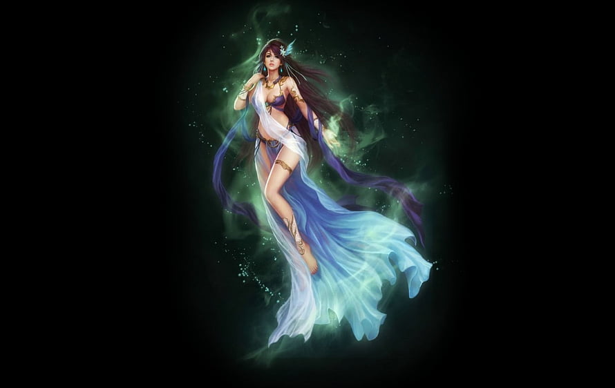 League of Angels Fantasy Woman in Flowing Blue Dress with Ethereal Green Aura HD wallpaper