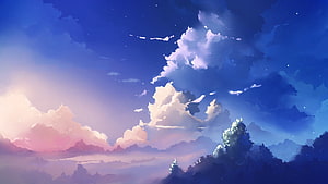 Dreamy Twilight Sky with Soft Clouds and Distant Forest Silhouettes HD wallpaper
