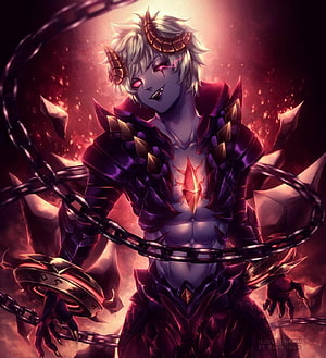Dyrroth from Mobile Legends in Dark Armor with Glowing Red Eyes and Chains HD phone wallpaper