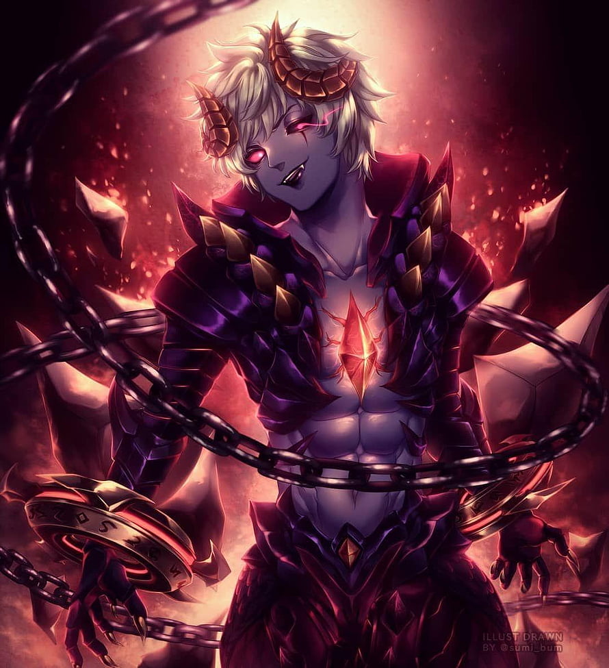 Dyrroth from Mobile Legends in Dark Armor with Glowing Red Eyes and Chains HD phone wallpaper