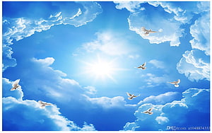 White doves soaring through a bright blue sky with fluffy clouds and radiant sunlight HD wallpaper