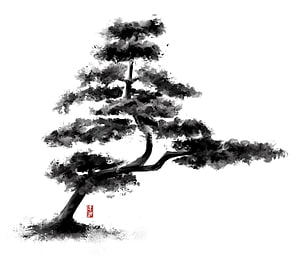 Traditional Sumi-e Ink Wash Painting of a Solitary Pine Tree HD wallpaper