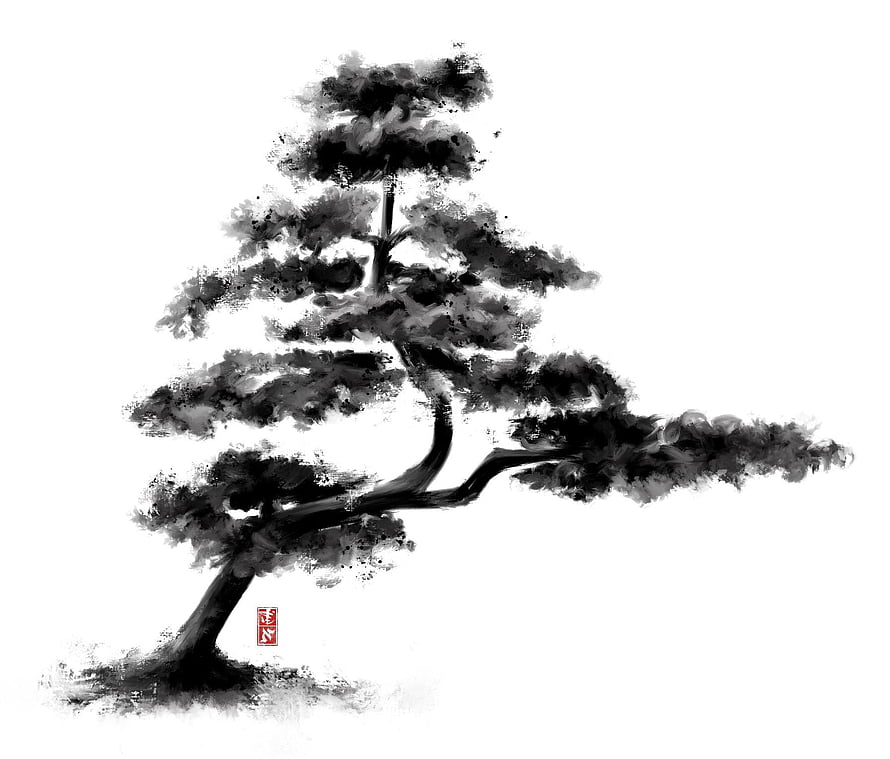 Traditional Sumi-e Ink Wash Painting of a Solitary Pine Tree HD wallpaper