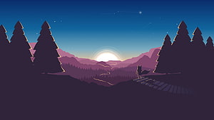 Minimalist Vector Illustration of a Lone Wolf Silhouette on a Mountain Trail at Sunset HD wallpaper