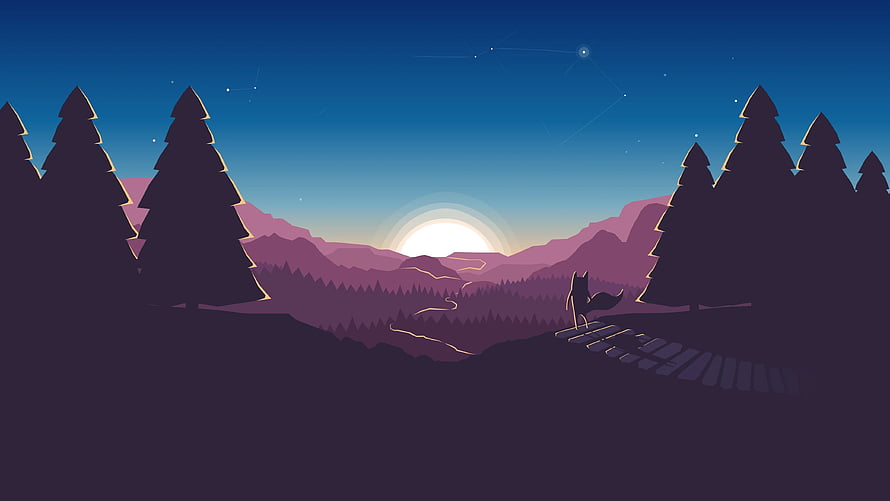 Minimalist Vector Illustration of a Lone Wolf Silhouette on a Mountain Trail at Sunset HD wallpaper