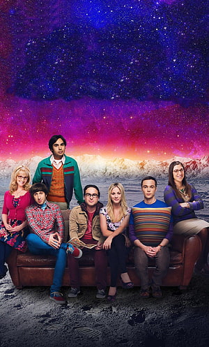 The Big Bang Theory Cast Group Portrait Against Cosmic Nebula and Snowy Mountains HD phone wallpaper