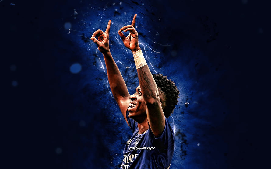Vinicius Junior Real Madrid Celebration Wallpaper with Blue Neon Effects HD wallpaper