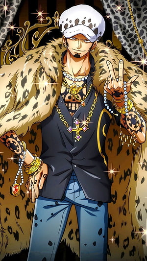 Trafalgar Law from One Piece in Leopard Print Coat and Gold Jewelry HD phone wallpaper