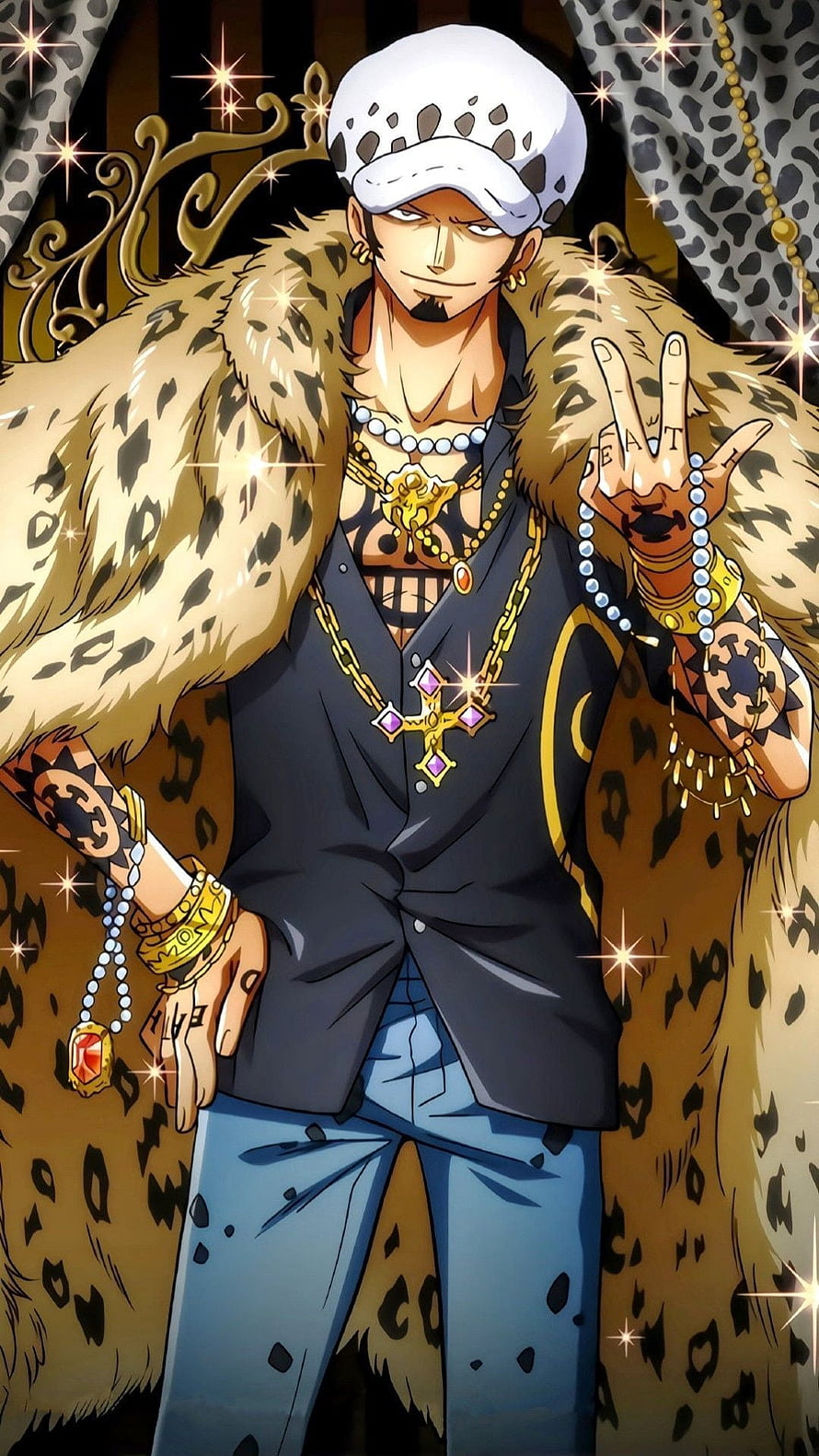 Trafalgar Law from One Piece in Leopard Print Coat and Gold Jewelry HD phone wallpaper