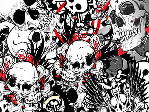 Black and Red Skull Sticker Bomb Illustration with Guitars and Crossbones HD wallpaper