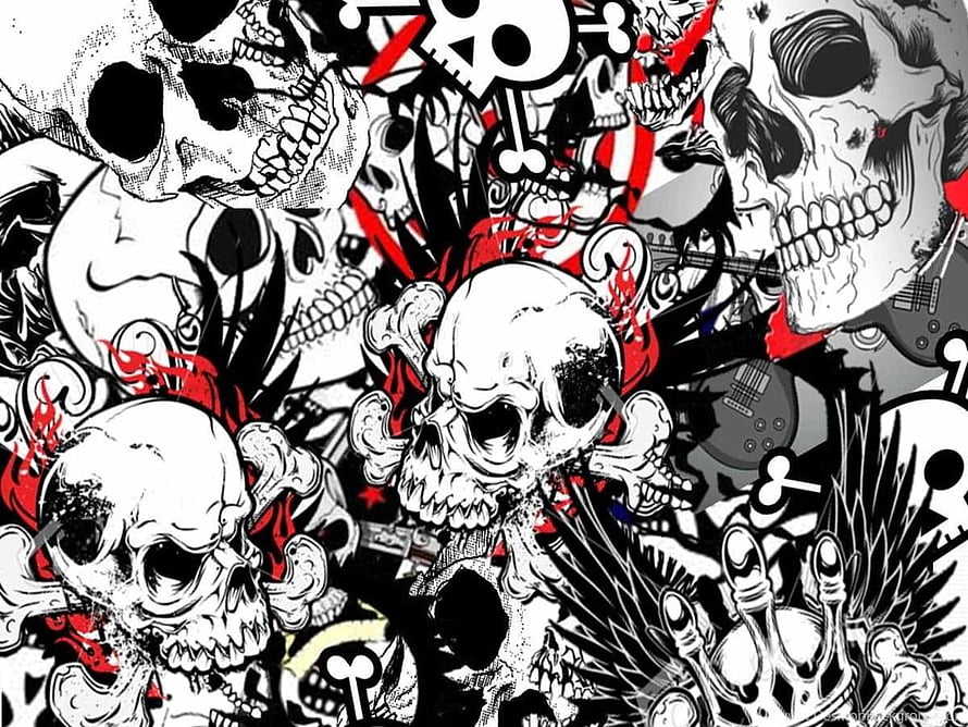 Black and Red Skull Sticker Bomb Illustration with Guitars and Crossbones HD wallpaper