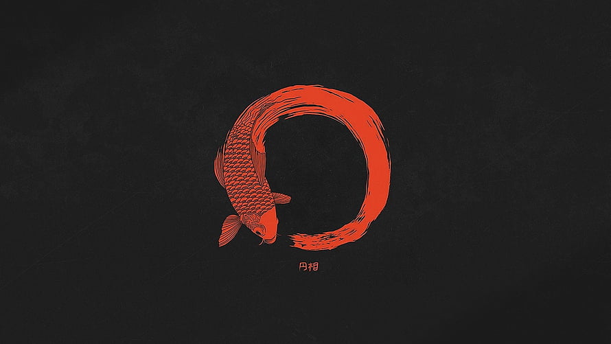 Red Koi Fish Enso Circle Minimalist Japanese Zen Art on Black Background HD wallpaper