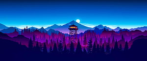 Neon Fire Tower in a Purple Mountain Forest at Night with a Full Moon HD wallpaper