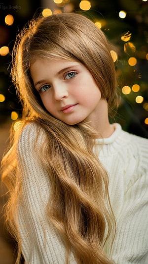 Portrait of a young girl with long blonde hair and blue eyes wearing a white knit sweater against a warm bokeh background HD phone wallpaper