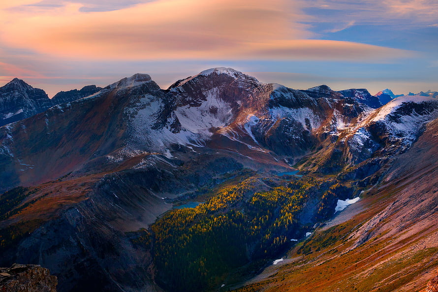 Snow-Capped Mountain Peaks at Golden Hour with Alpine Valley and Autumn Forest HD wallpaper