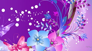 Vibrant Purple Abstract Floral Design with Blue and Pink Blooms and Butterflies HD wallpaper