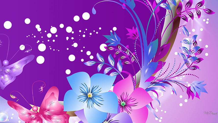 Vibrant Purple Abstract Floral Design with Blue and Pink Blooms and Butterflies HD wallpaper