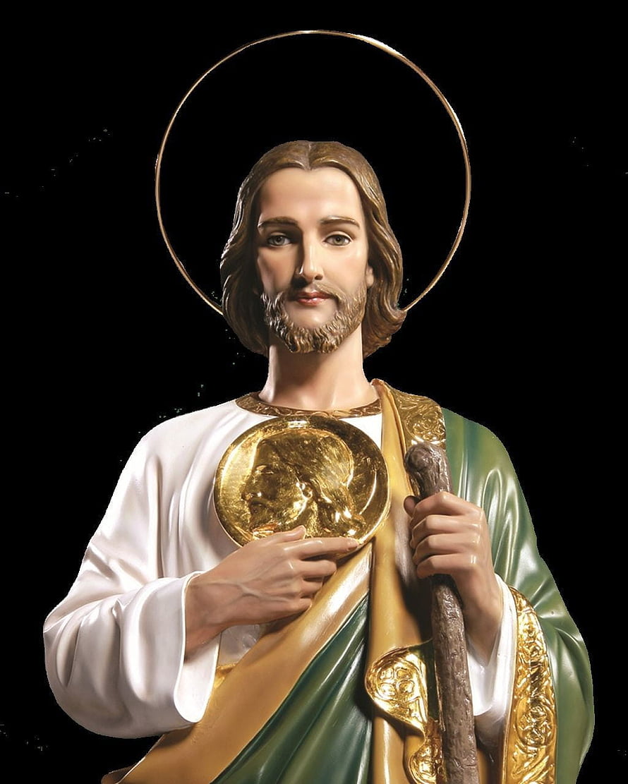 Saint Jude Thaddeus Statue with Halo and Golden Medallion on Black Background HD phone wallpaper