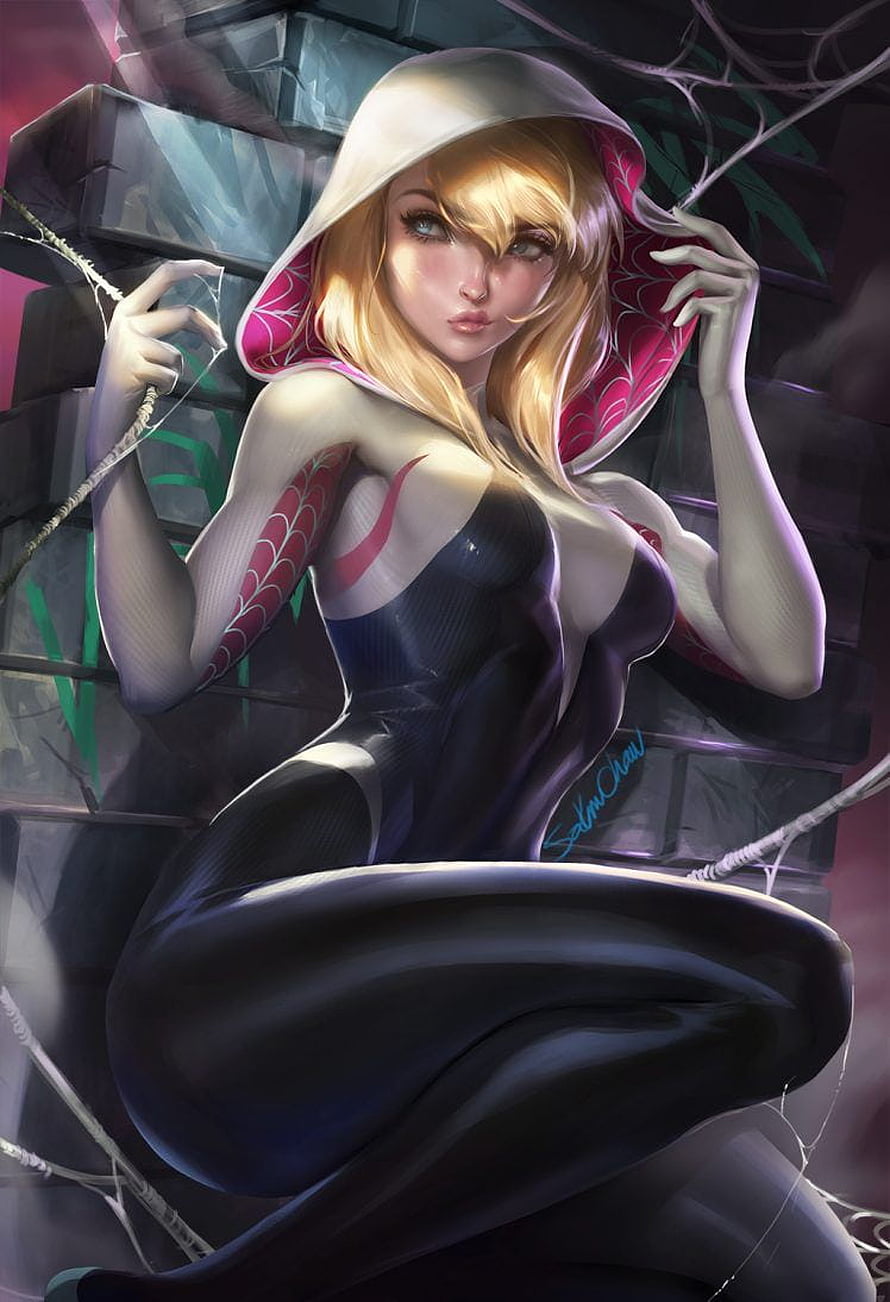 Sakimichan Digital Art of Spider Gwen Stacy in Black and White Hooded Suit HD phone wallpaper