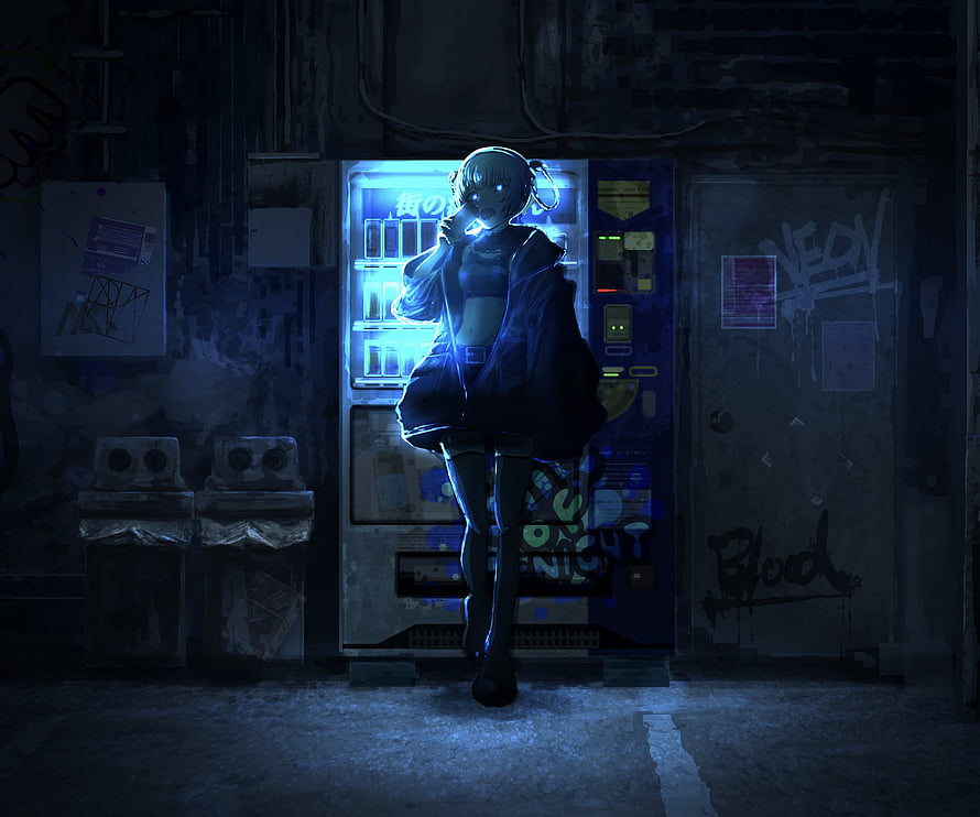 Nazuna Nanakusa in a Neon-Lit Cyberpunk Alley with Glowing Vending Machine HD wallpaper