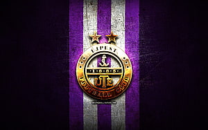 Ujpest FC Golden Emblem on Purple and White Striped Grunge Background HD wallpaper