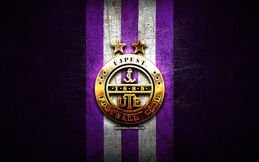 Ujpest FC Golden Emblem on Purple and White Striped Grunge Background HD wallpaper